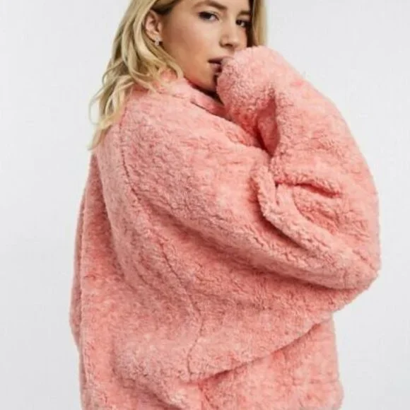 Free People Womens Pink Teddy Long Sleeve Button Front Pockets Swing Jacket XS - Picture 2 of 7